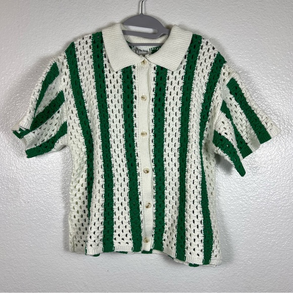 Green and White Button Down‎ Crochet Shirt - Picture 2 of 9